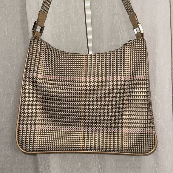 LRL Ivory Tan White Pink Gold Houndstooth Leather Silver Tone Hardware Hobo Bag - Picture 2 of 16